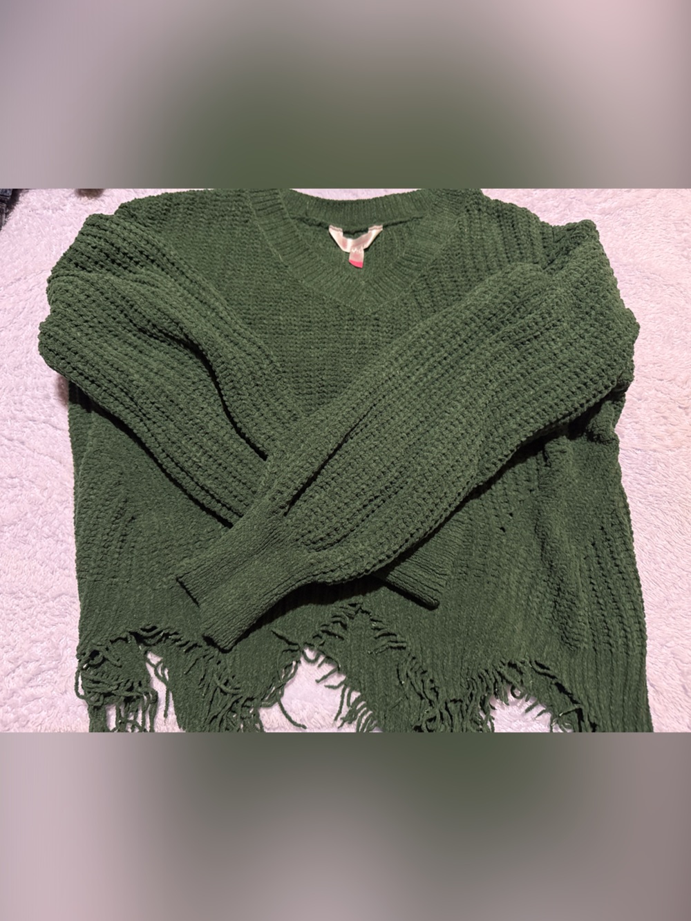 No Boundaries Green V-Neck Fringe Knit Sweater